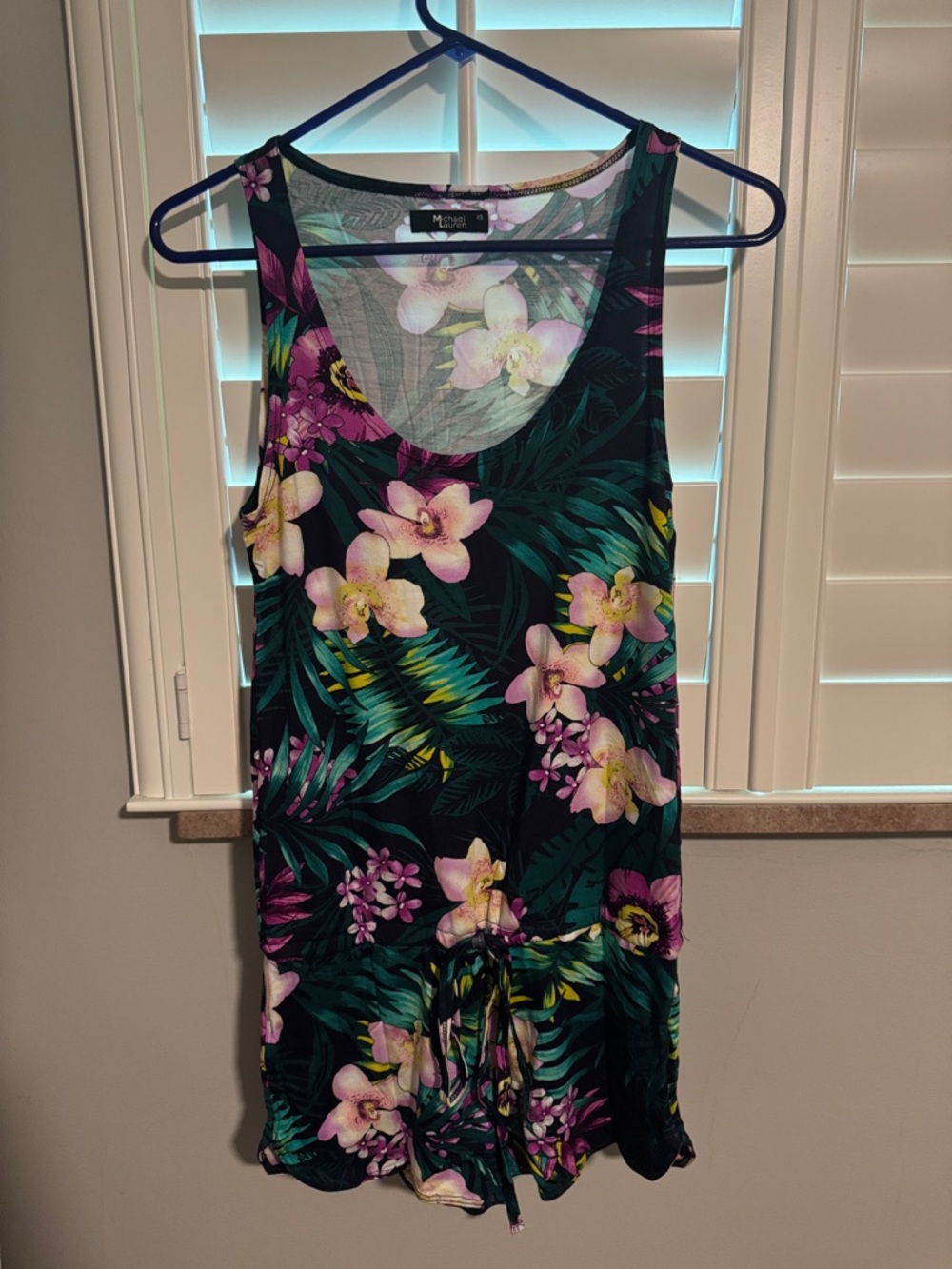 Michael Lauren Black Tropical Floral Romper with Pink & Green